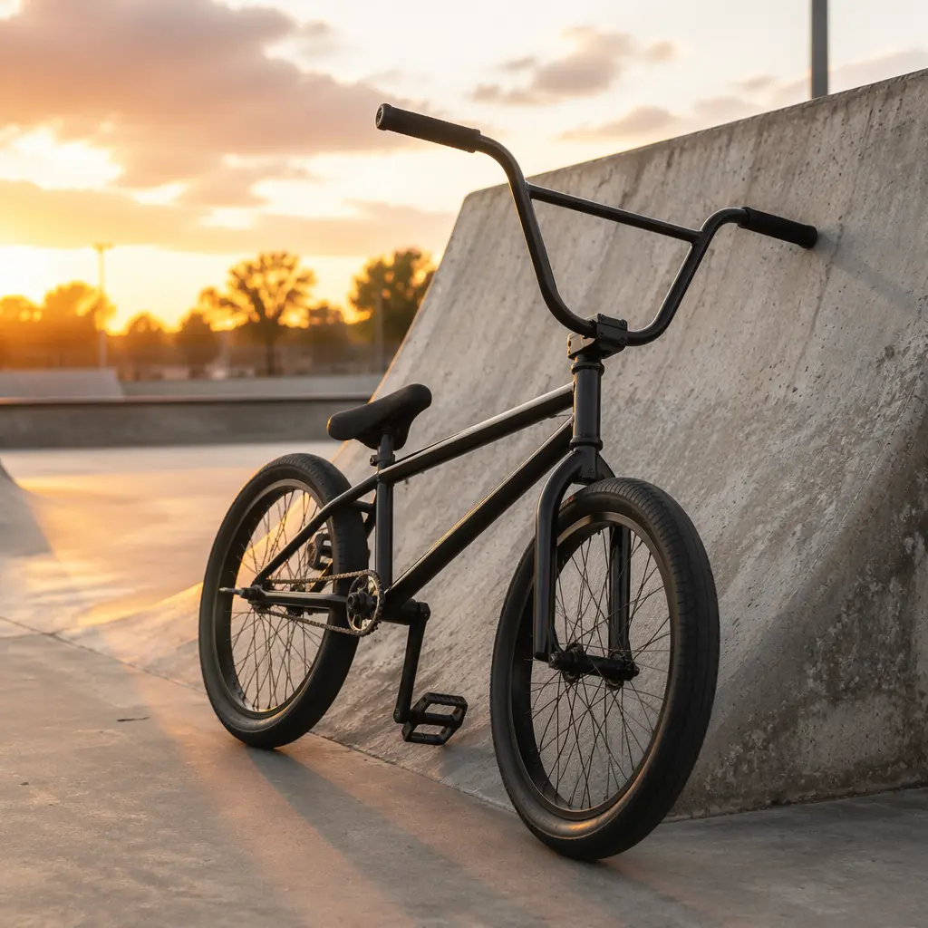 A BMX bike at a skatepark showing compact frame and small wheels