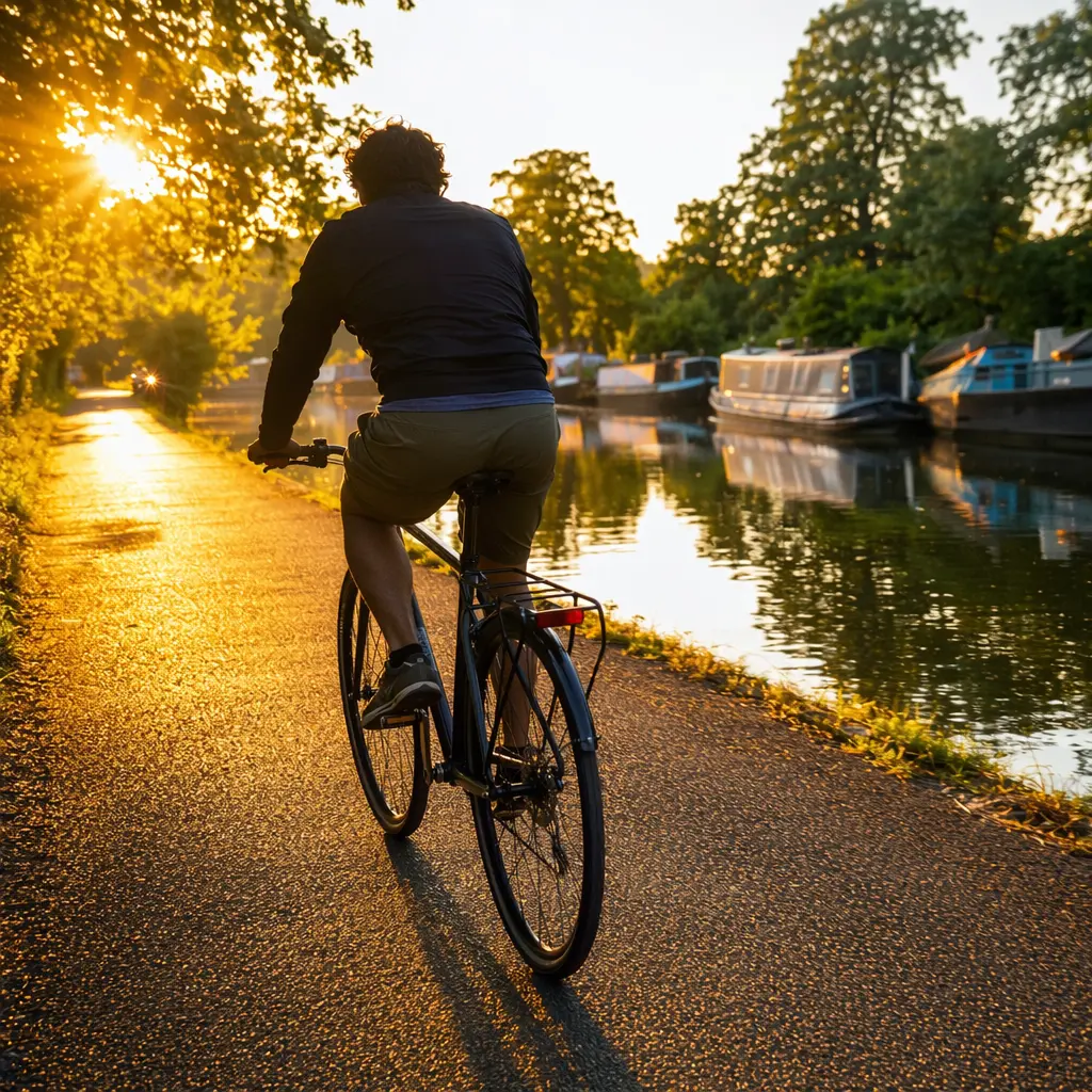 A classic hybrid bike being ridden along a canal towpath in warm golden-hour light.