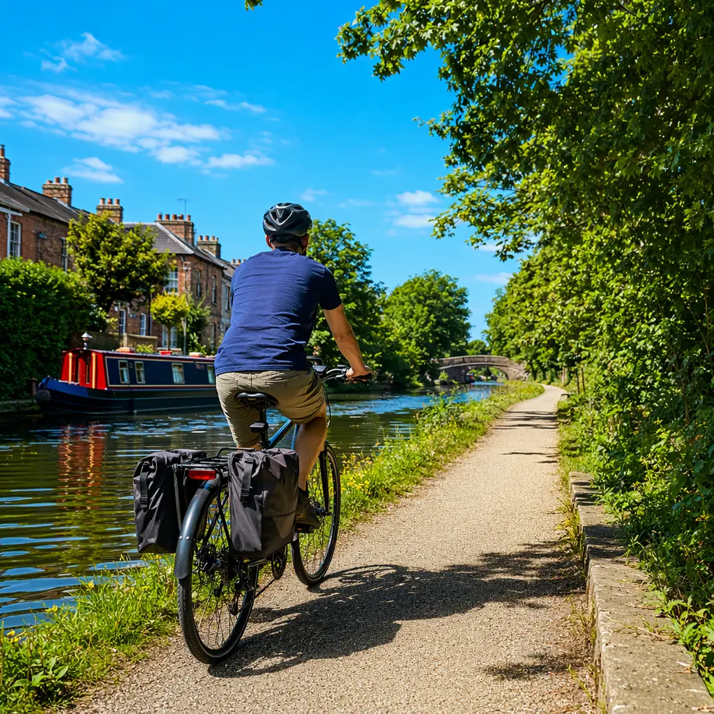 Commuter bike with mudguards and panniers riding along a sunny canal towpath