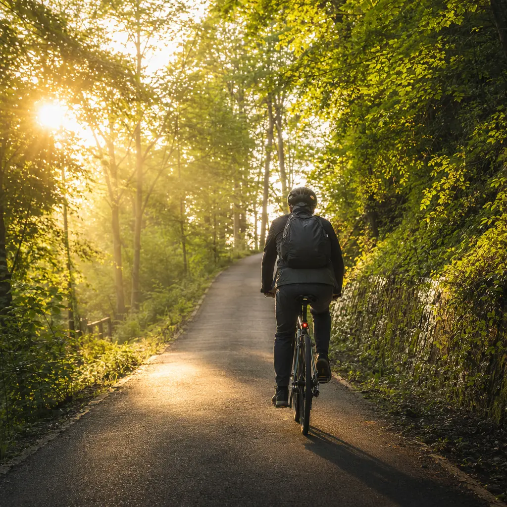 Commuter cyclist climbing a wooded path in warm morning sunlight