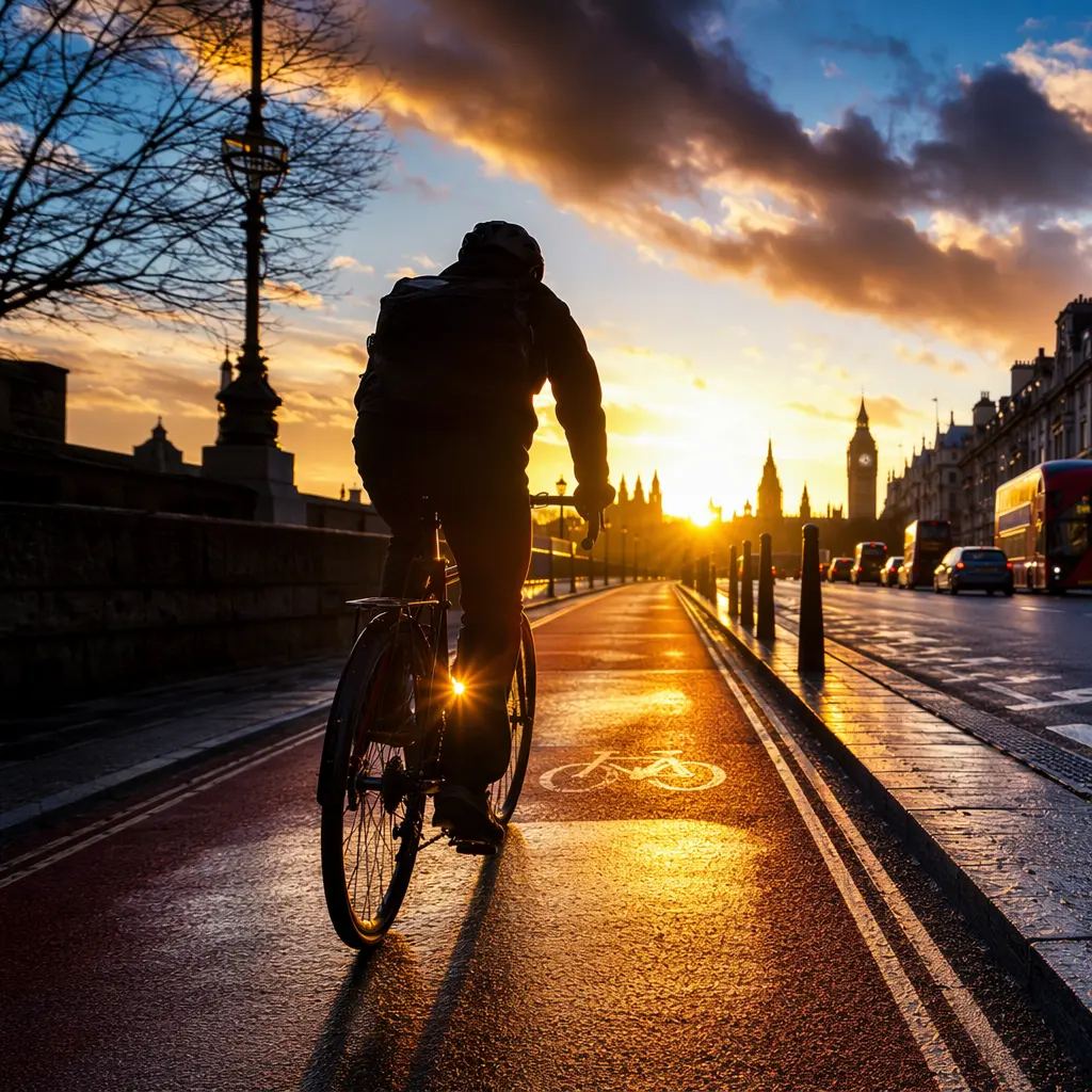Silhouette of a commuter cyclist riding into low sun on a city cycle lane
