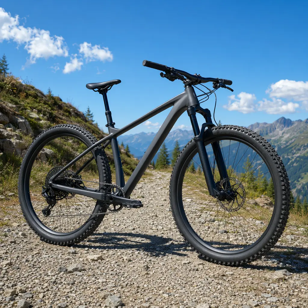 A modern hardtail mountain bike resting on a gravel track under a bright blue sky.
