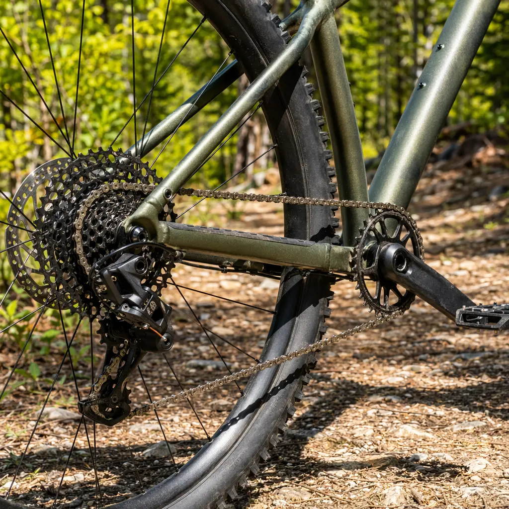 Close-up of a hardtail mountain bike’s drivetrain and rear wheel on a sunlit forest path.