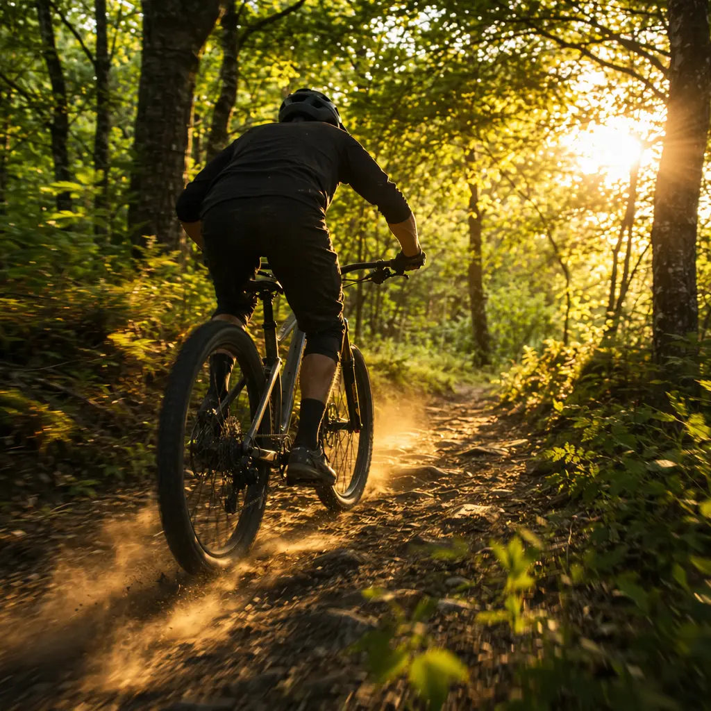 A hardtail mountain bike being ridden along a woodland trail in warm golden-hour light.