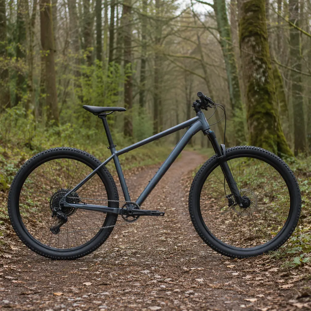 An entry-level hardtail mountain bike parked on a woodland trail in the UK