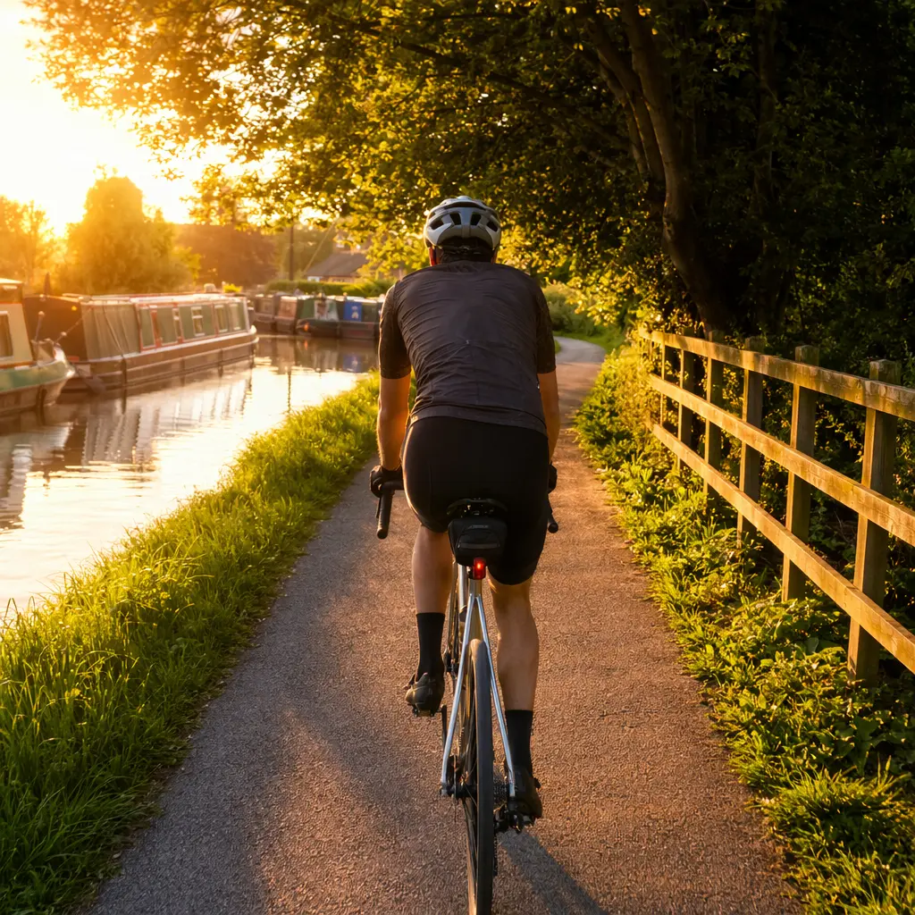An aluminium endurance road bike on a UK canal towpath in warm golden-hour light