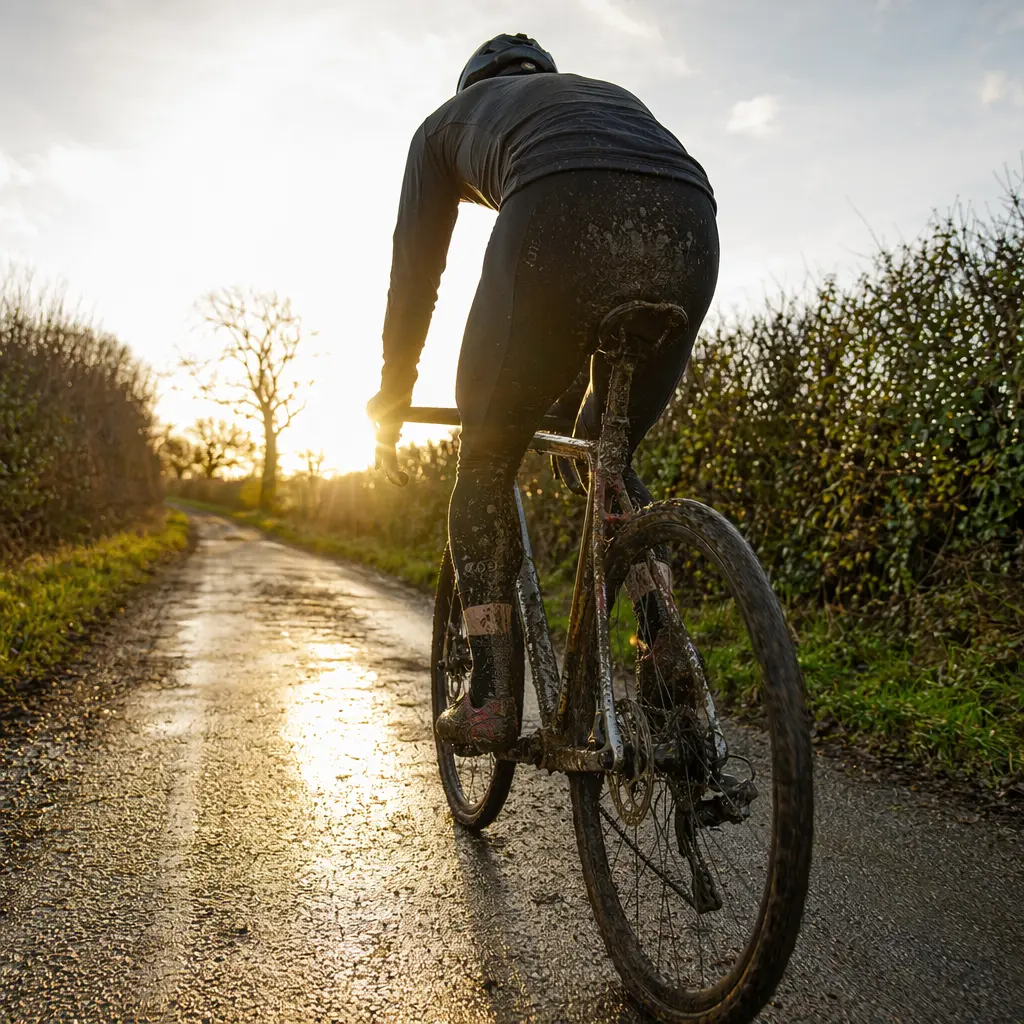 Cyclocross-style bike ridden on a UK lane in bright backlit winter sunshine