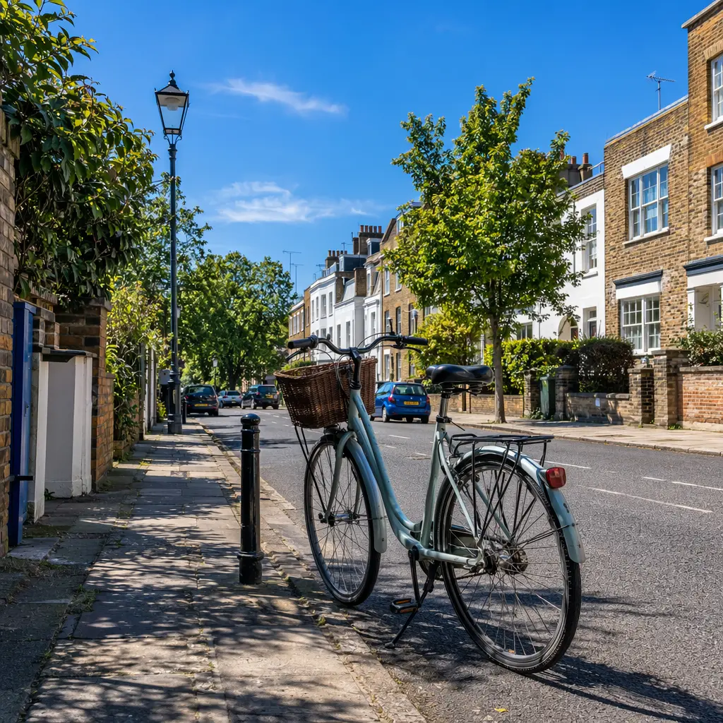 A step-through city bike with mudguards and a rear rack on a sunny residential street.