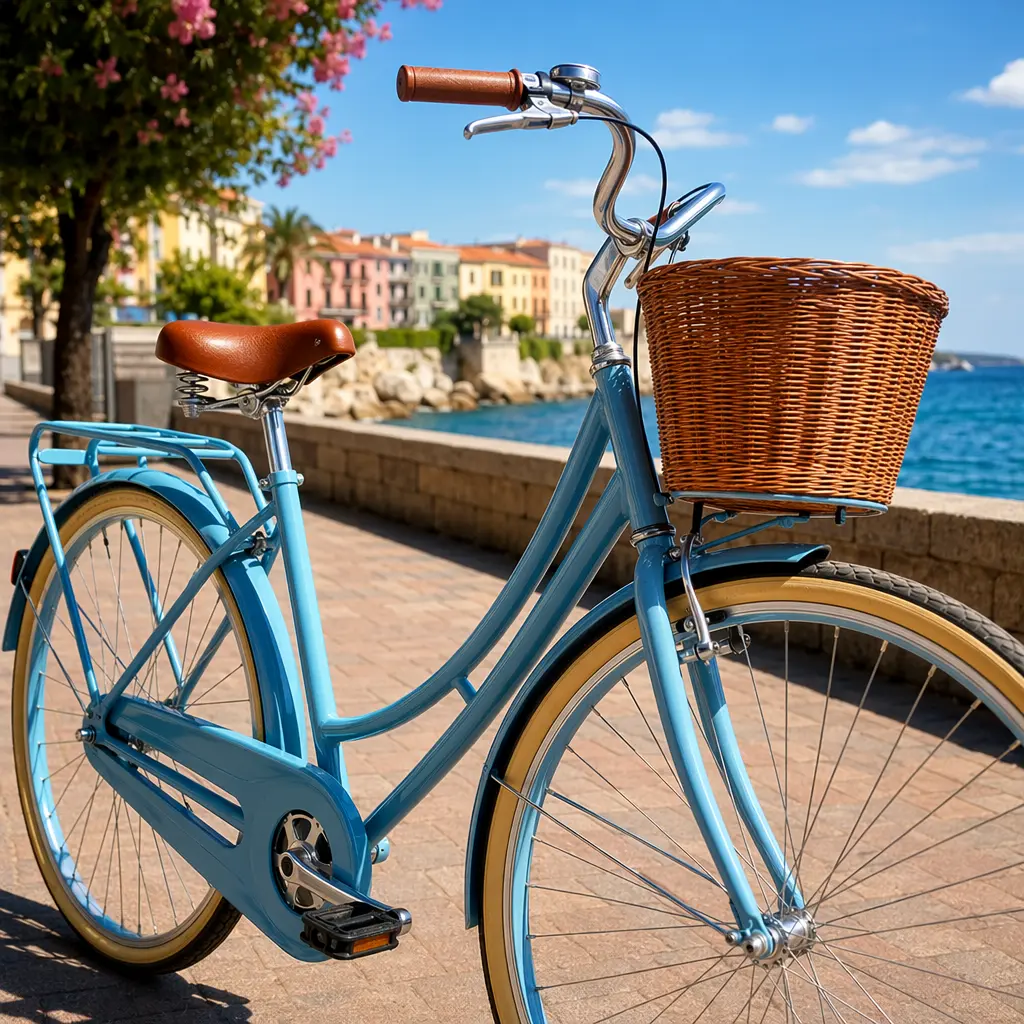 Detail view of a step-through city bike highlighting upright handlebars and comfort-focused setup.