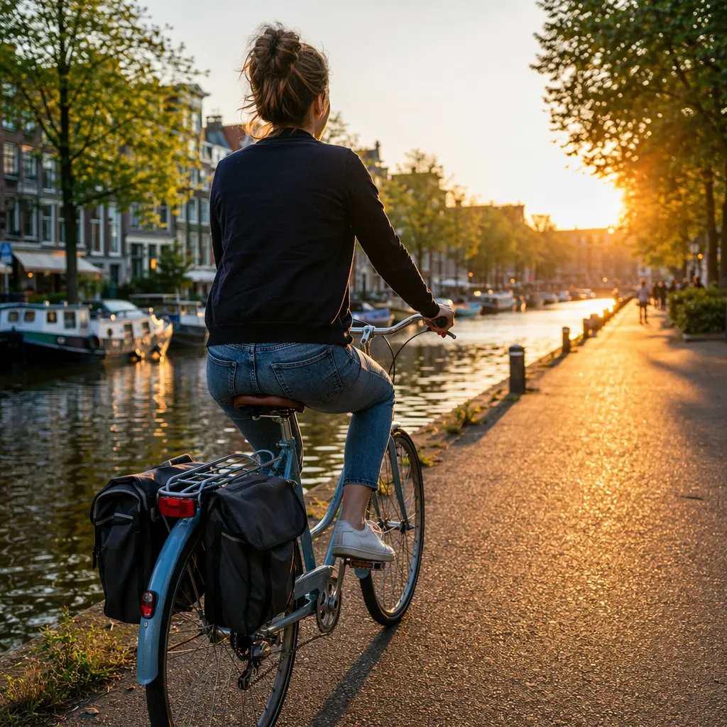 A step-through city bike ridden upright along a sunlit canal towpath, showing everyday commuting setup.