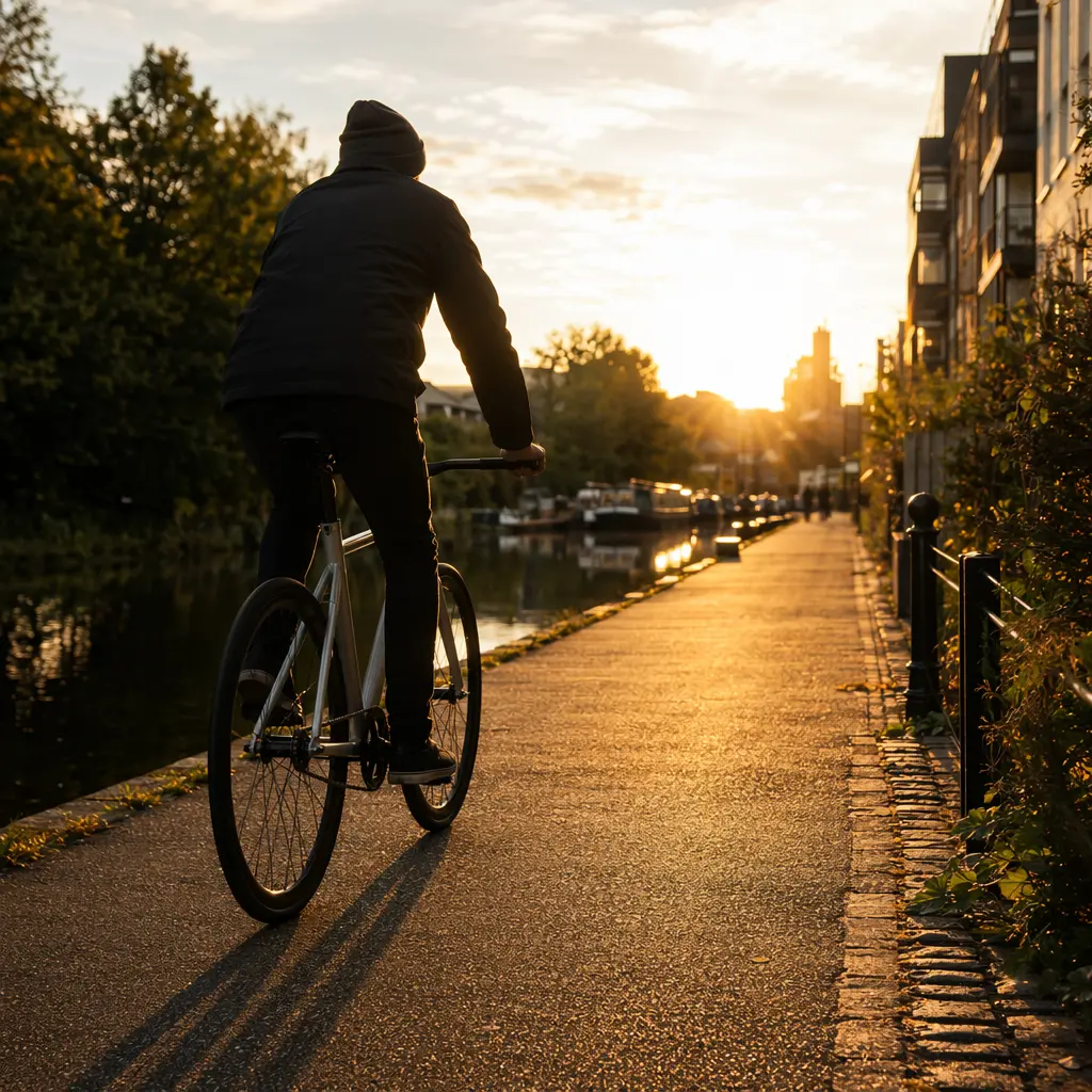 A stripped-back flat-bar city bike cruising a sunlit canal path at golden hour.