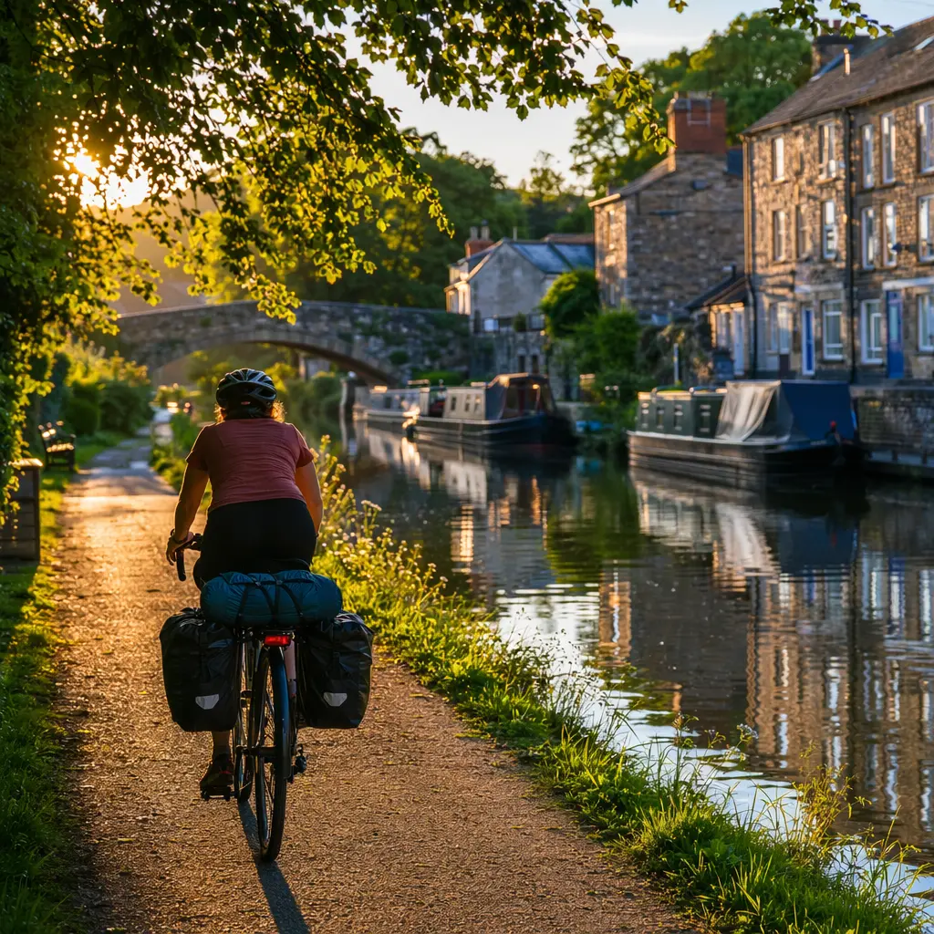 A fully equipped trekking bike with panniers riding along a canal path in warm evening light