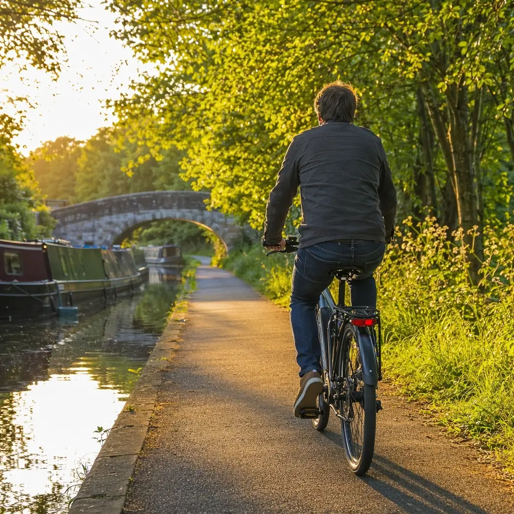 A comfort-focused electric hybrid bike ridden along a sunny canal towpath