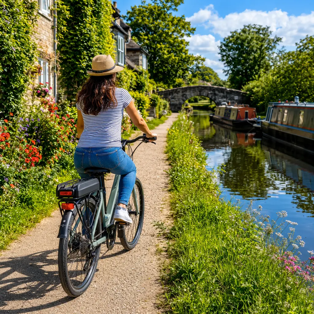 A Bosch-powered electric hybrid bike cruising along a bright canal towpath in sunshine.