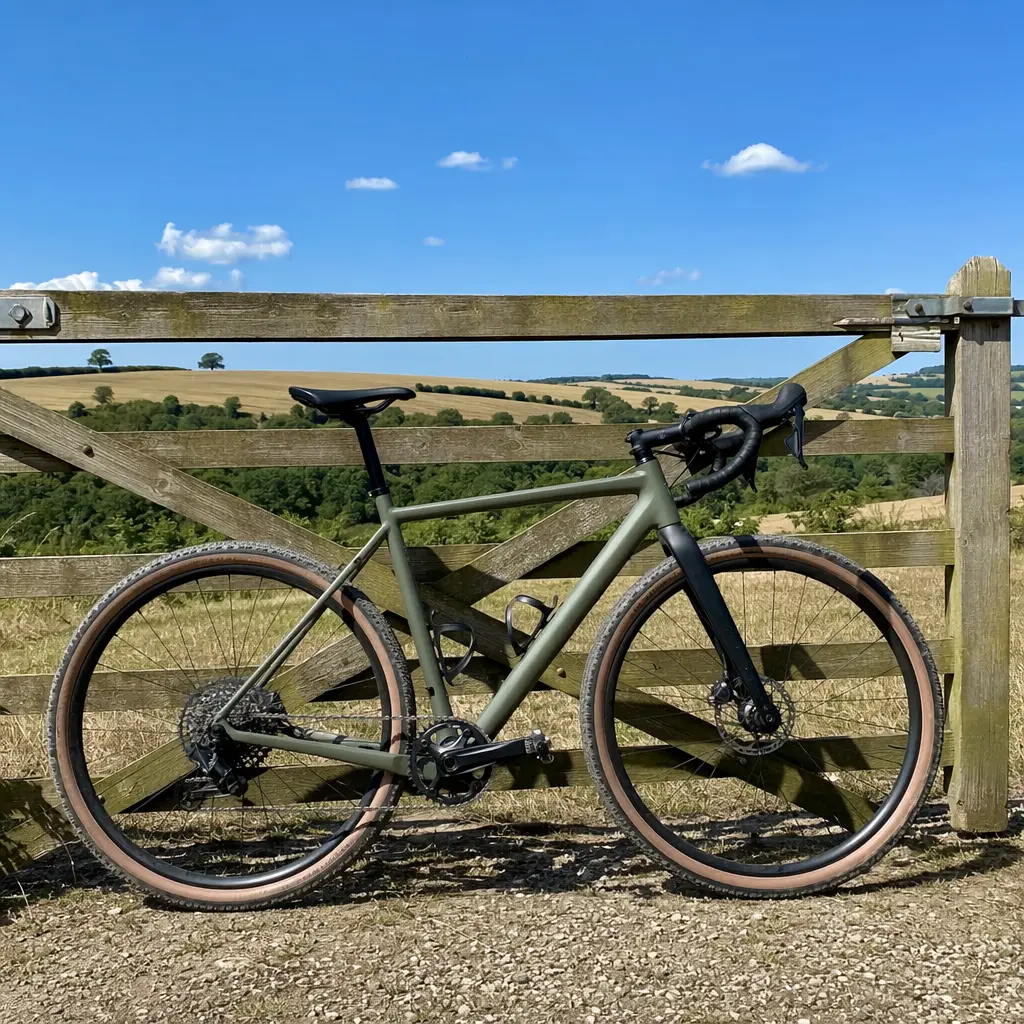 A gravel bike at rest on a sunny rural route, highlighting relaxed geometry and wide tyres.