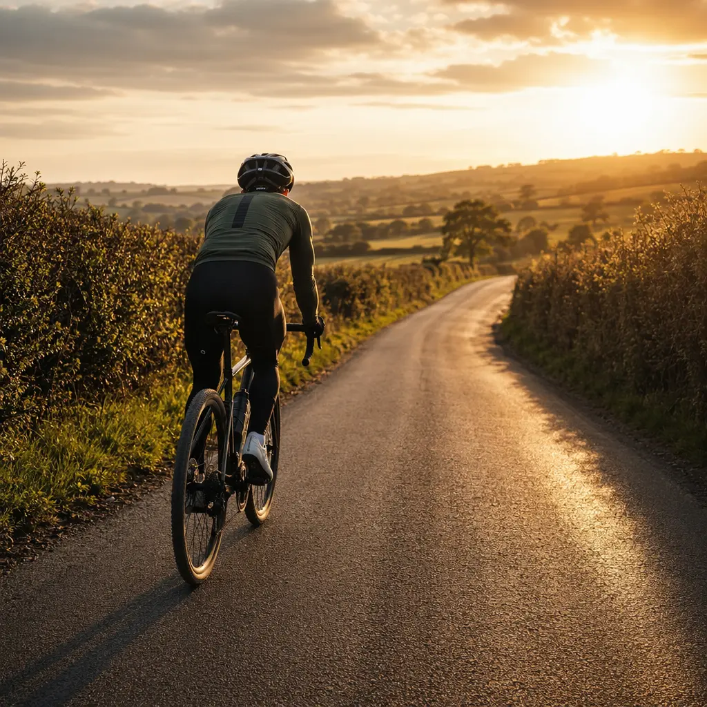 A gravel bike being ridden along a sunlit country lane, showing its all-road versatility.