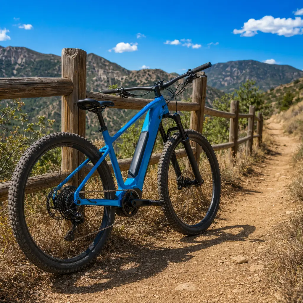 Electric hardtail mountain bike paused beside a trail under a bright blue sky
