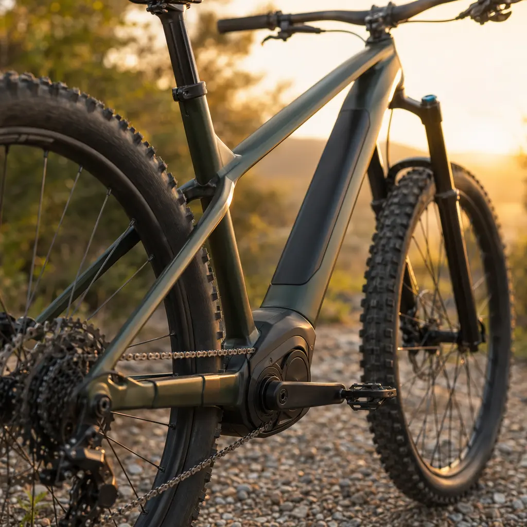 Rear three-quarter view of an electric hardtail mountain bike in golden-hour light