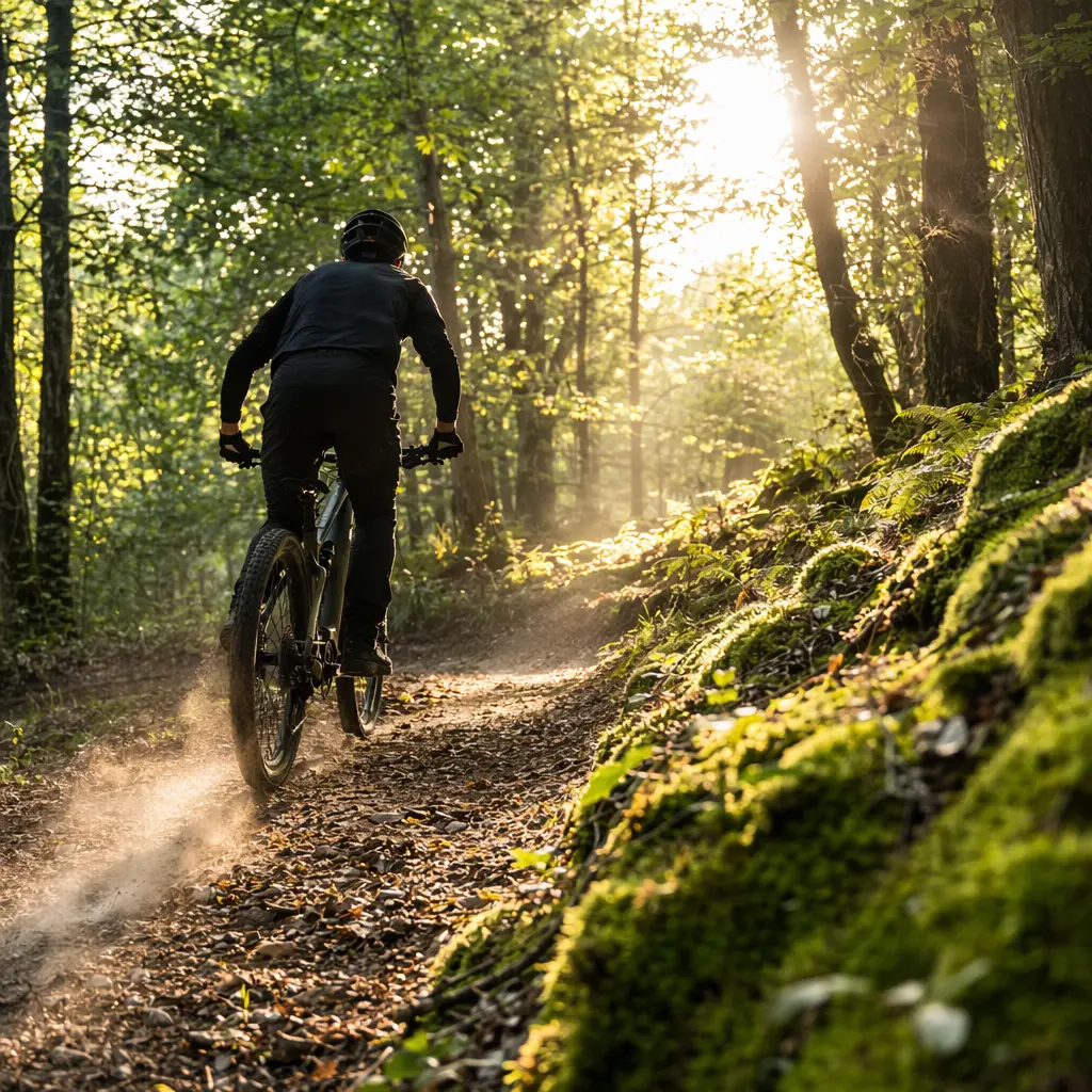 A hardtail electric mountain bike being ridden on a woodland trail in warm morning sunlight