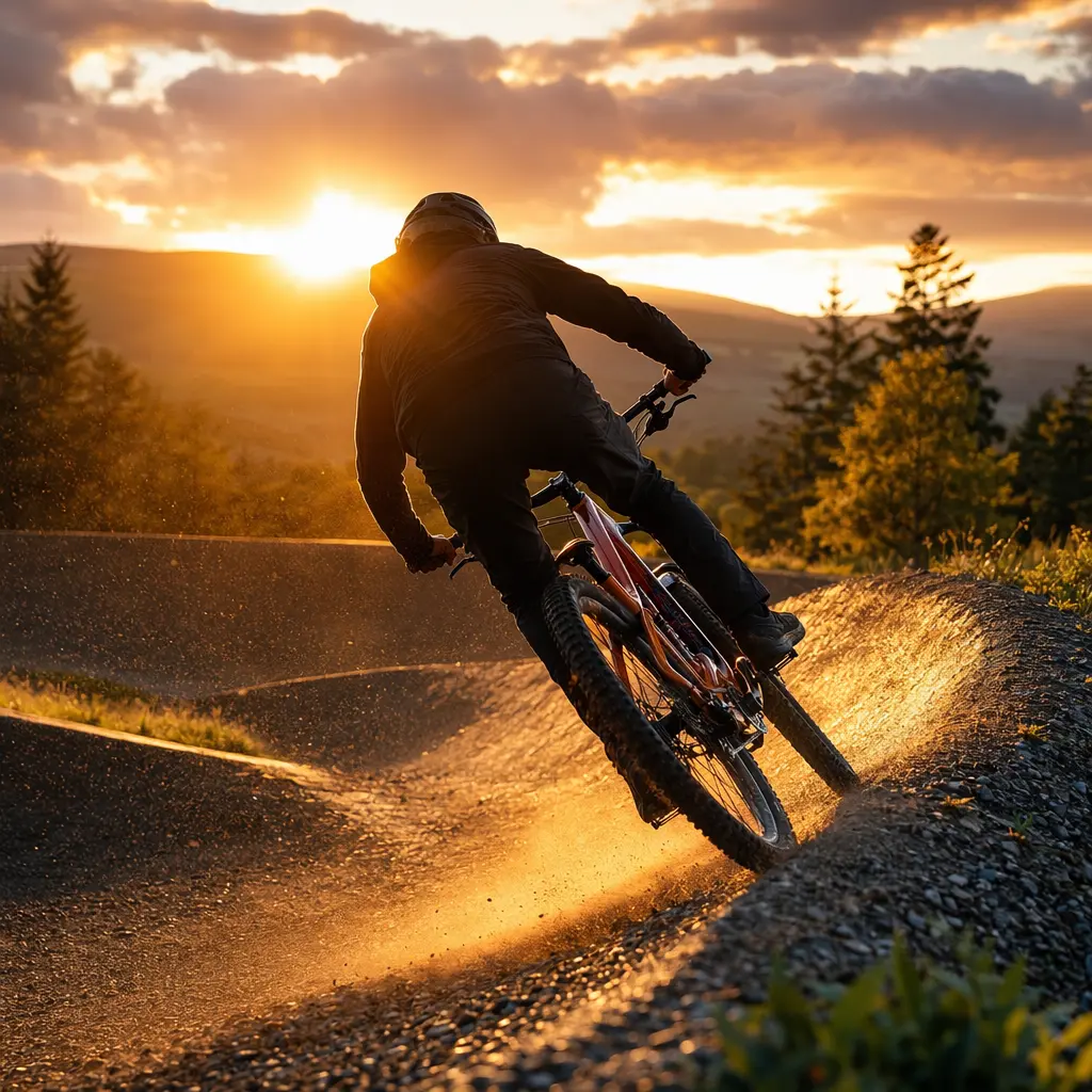 A full‑suspension trail bike ridden through a sunlit berm at a UK trail centre