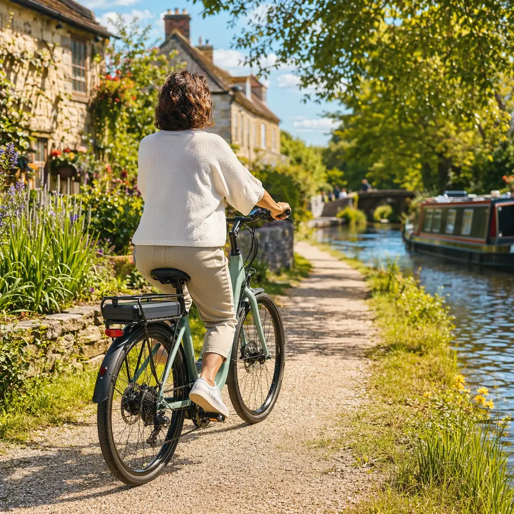 Comfort e‑bike cruising a sunny canal towpath with mudguards and rack