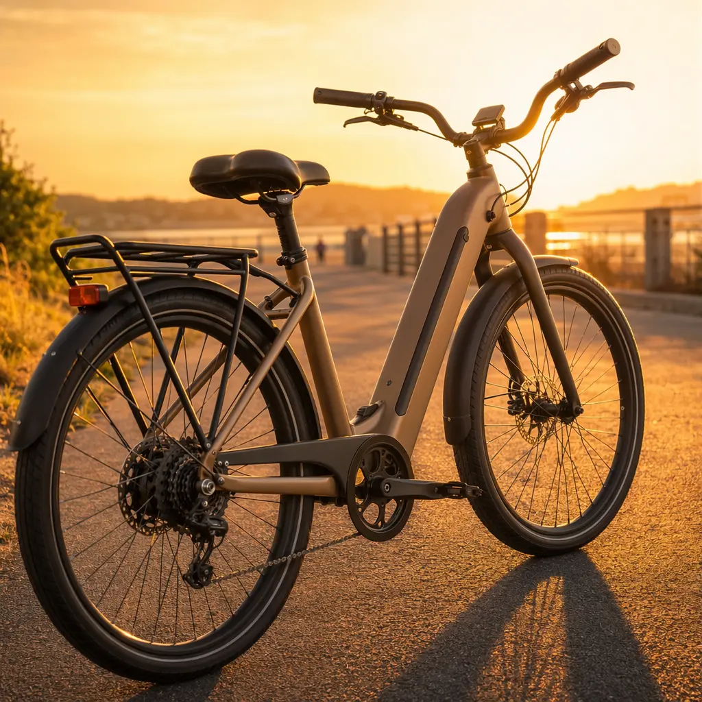 Close view of comfort e‑bike details in warm evening light