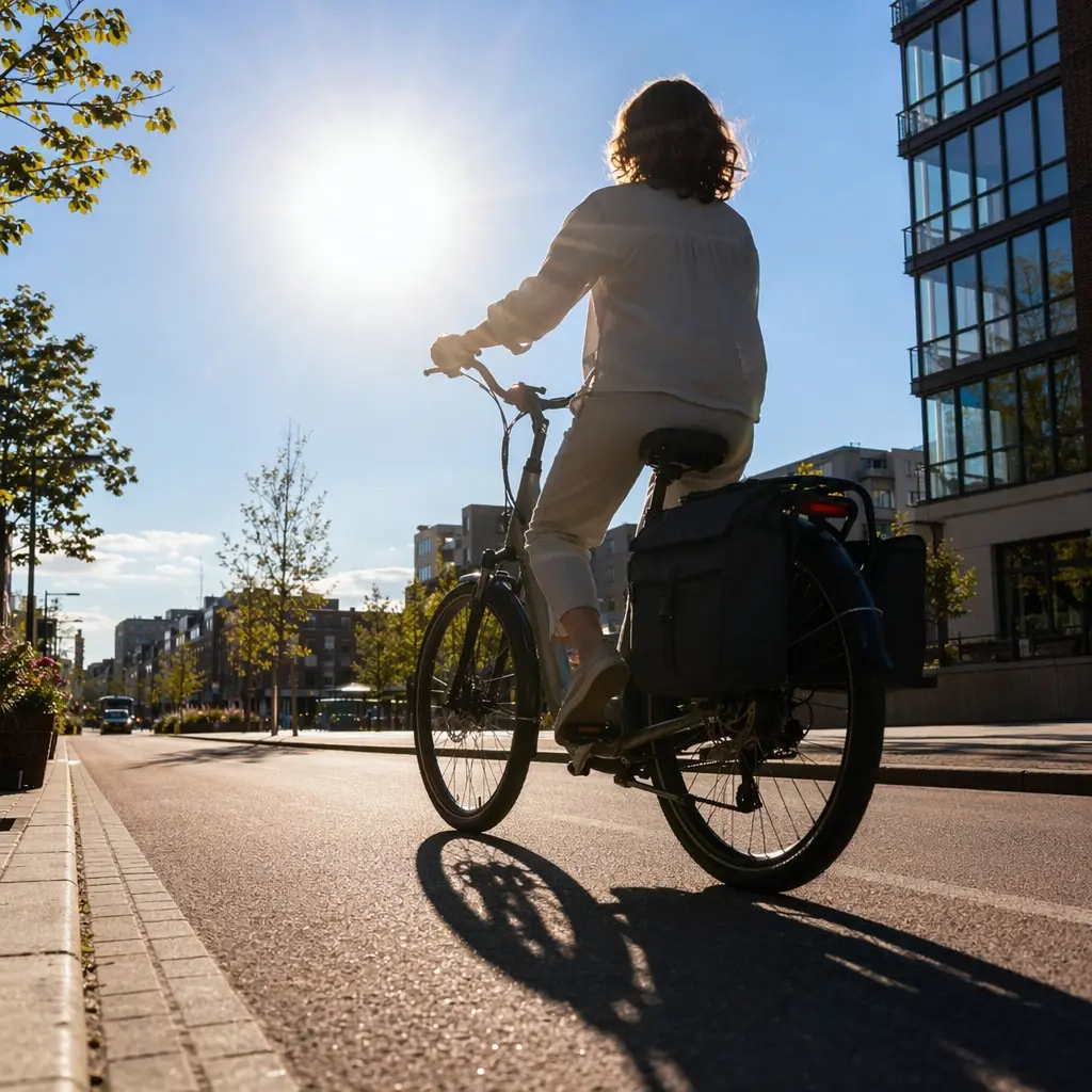 Upright electric bike with step‑through frame riding along a sunny UK street