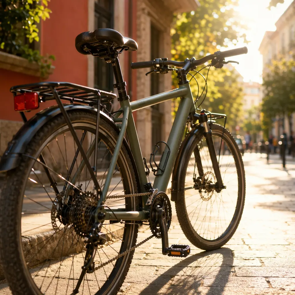 Close-up view of a fully equipped trekking bike with rack and mudguards.