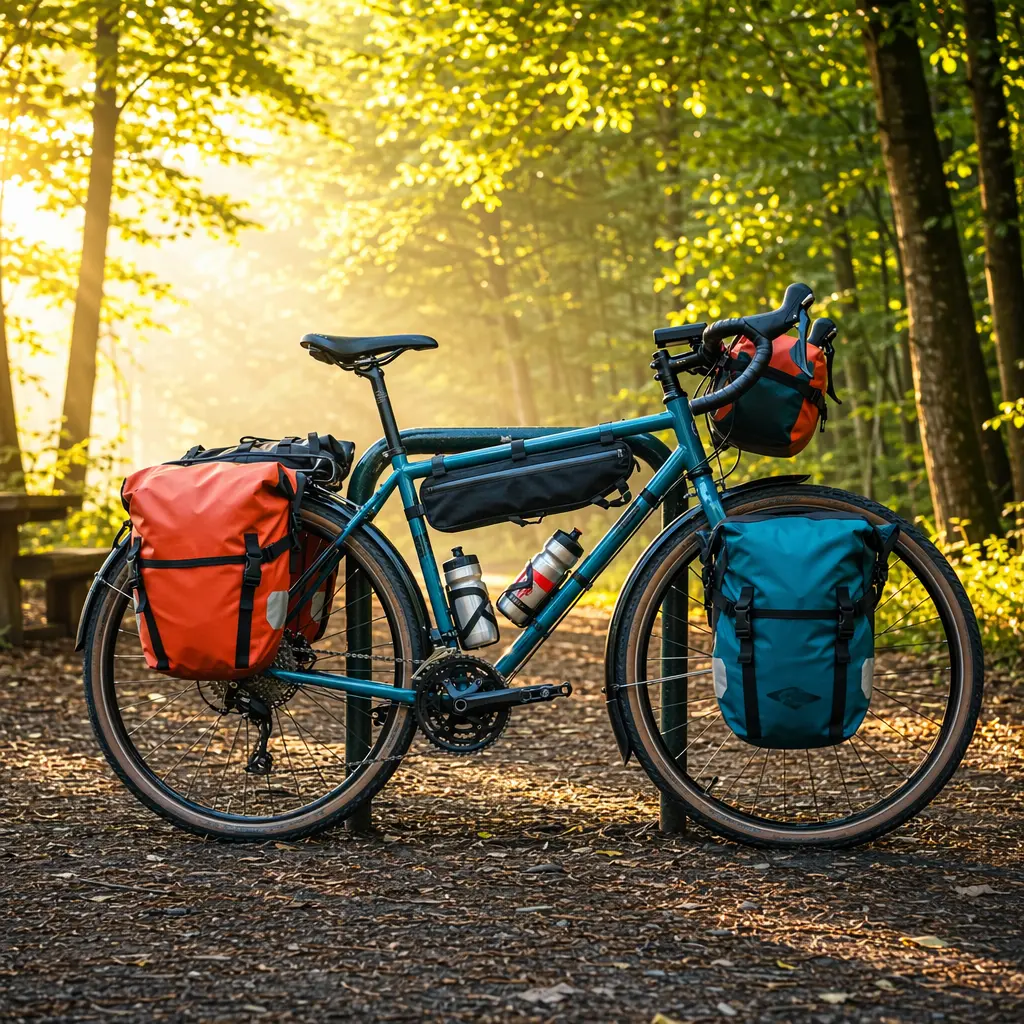 A trekking bike with panniers set up for utility riding in warm morning light.