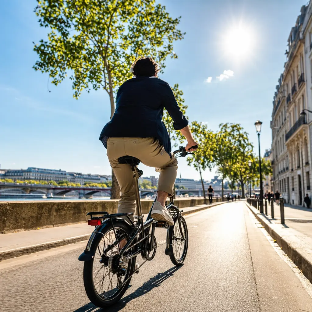 A compact folding bike set up for city travel on a sunny riverside street, shown without branding.