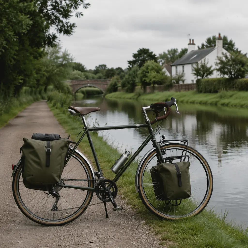 Steel touring bike with panniers beside a UK canal towpath