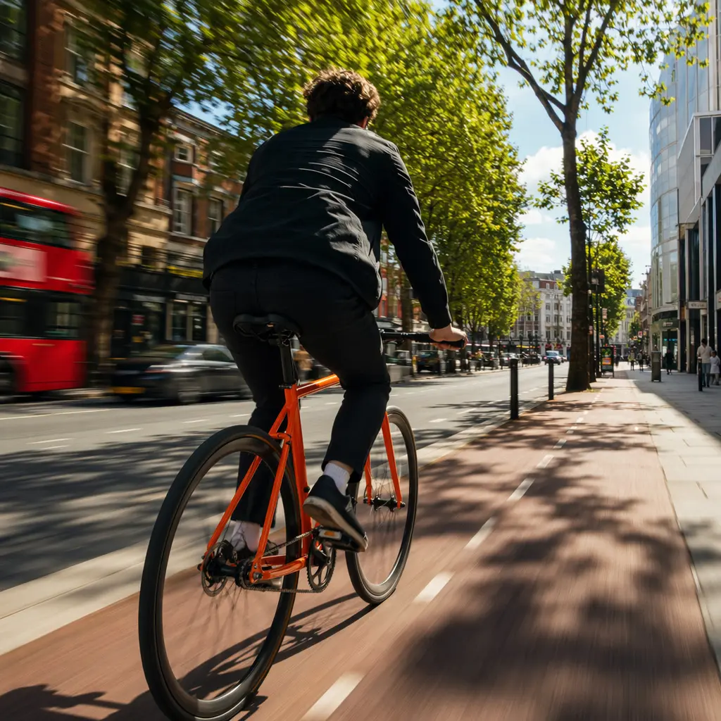 A minimalist flat-bar urban bike riding briskly along a bright city cycle lane.