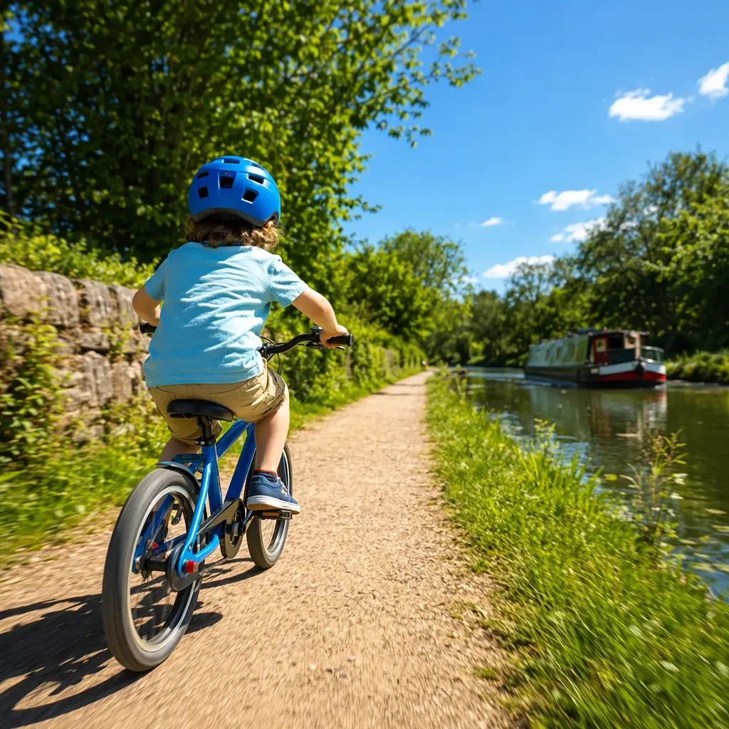 Belt-driven kids’ bike being ridden along a sunny canal path