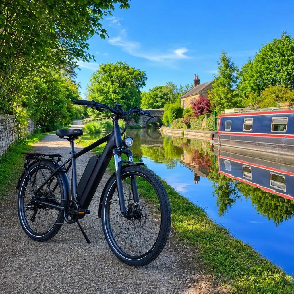 Affordable electric bike beside a sunny canal towpath, ready for a commute