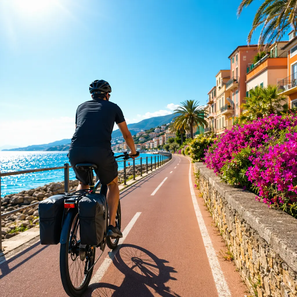 Electric commuter bike with panniers riding along a sunny coastal path