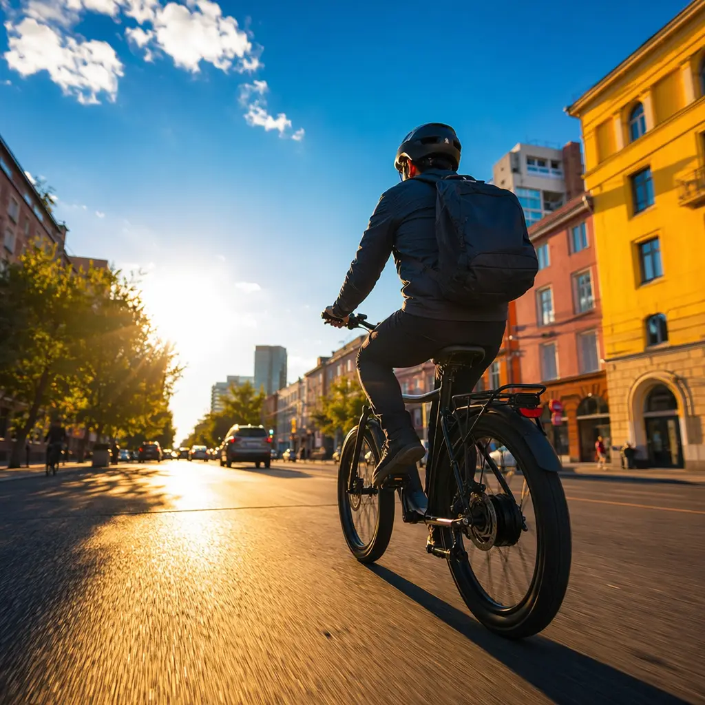 Budget electric bike being ridden on a bright, sunny city street during the commute