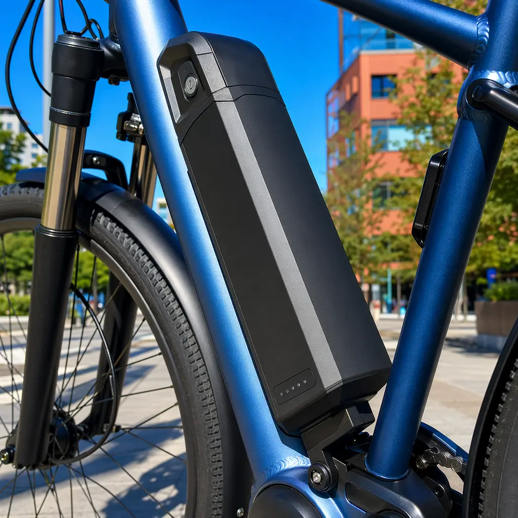 Frame-mounted e-bike battery in bright summer sunshine