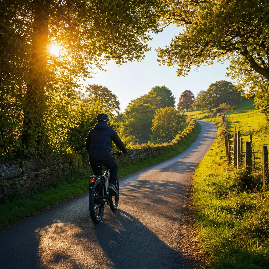 E-bike riding uphill on a country lane in warm morning light