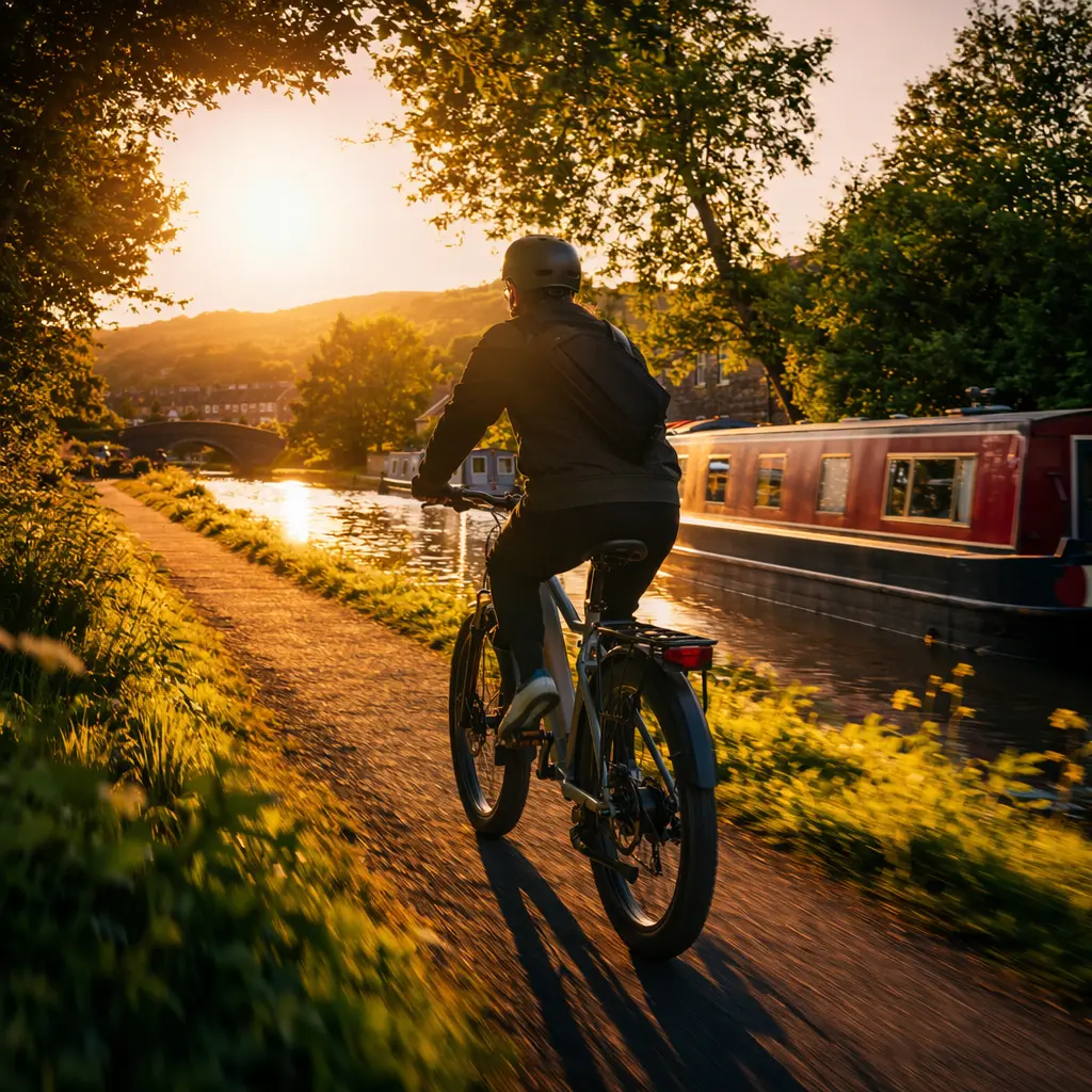 Electric bike on a UK canal towpath in warm evening light, rider seen from behind