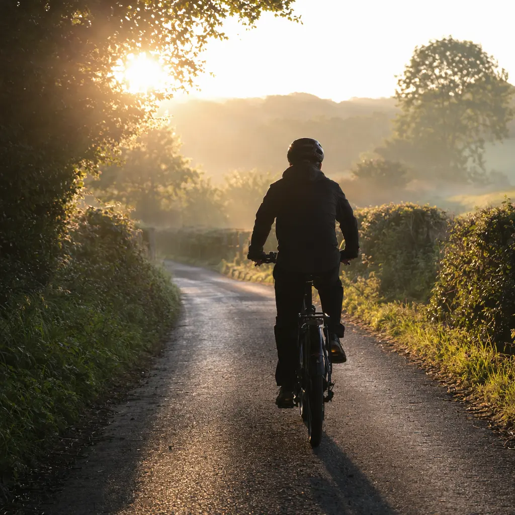 Electric bike rider silhouetted on a sunny country lane