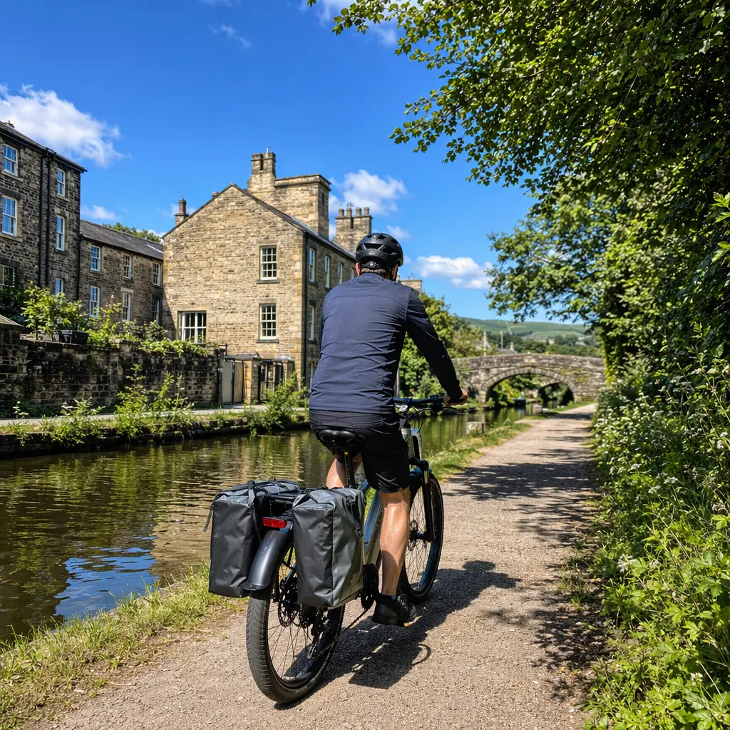 Electric bike riding along a sunny canal towpath in the UK