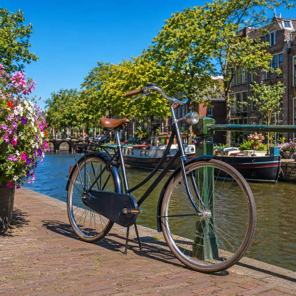 City bike with mudguards and chaincase beside a canal under a bright blue sky