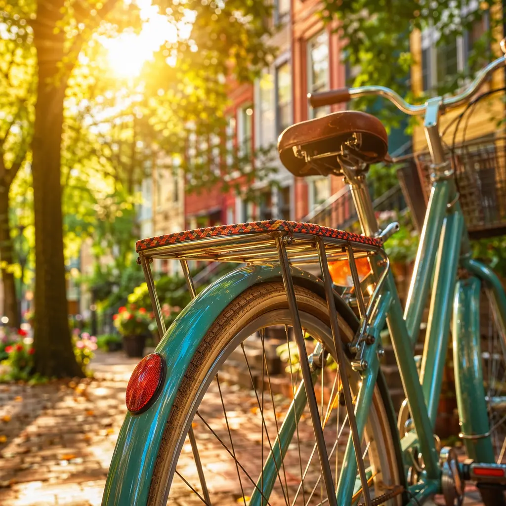 Rear rack and mudguard of a city bike glowing in warm morning light