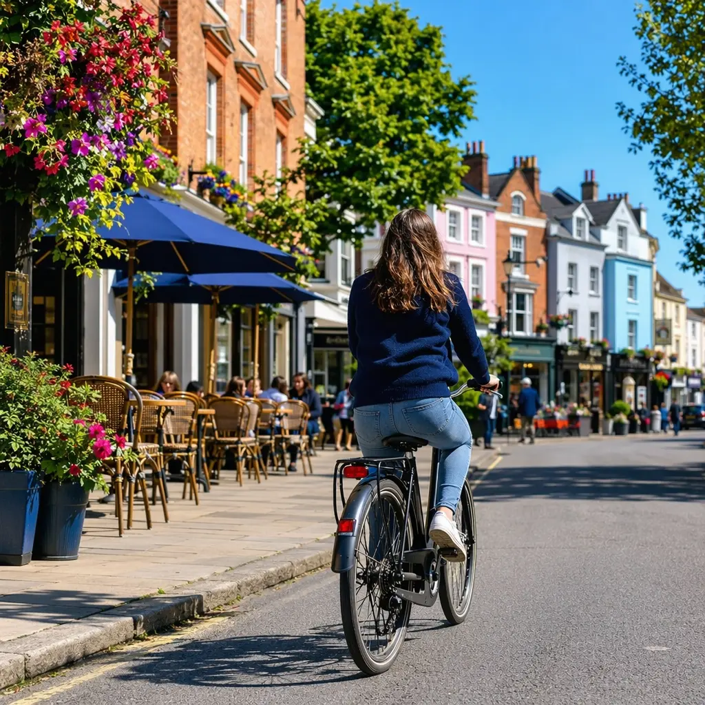 Upright city bike cruising along a sunny UK street with practical accessories