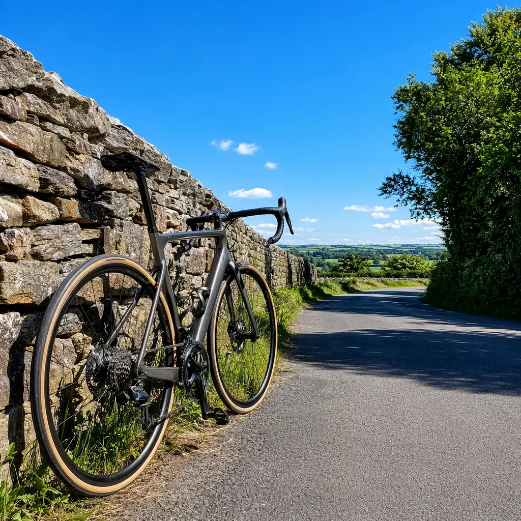 Endurance road bike beside a sunlit UK country lane