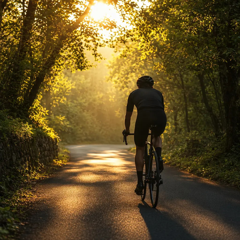 Cyclist riding an endurance road bike through sunlit woodland