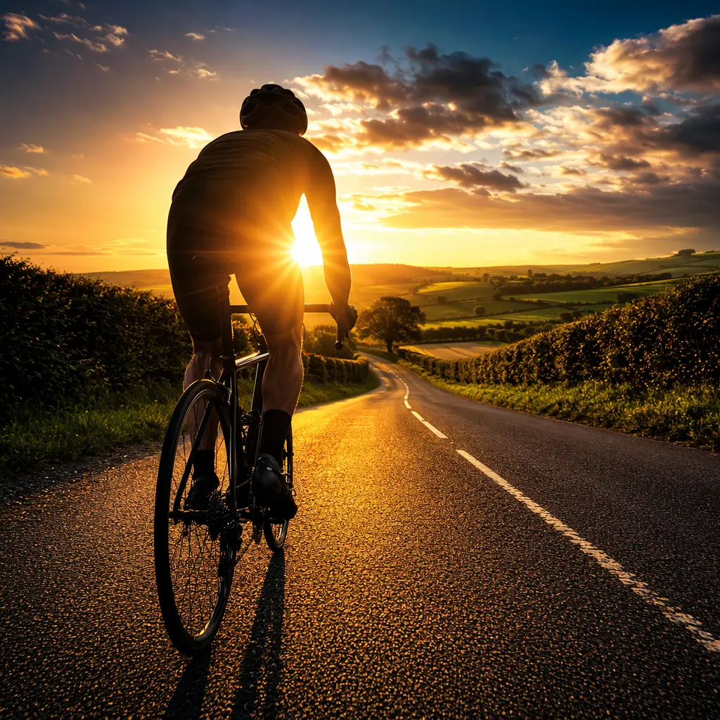 Silhouette of a cyclist riding a road bike on a bright country lane at sunset