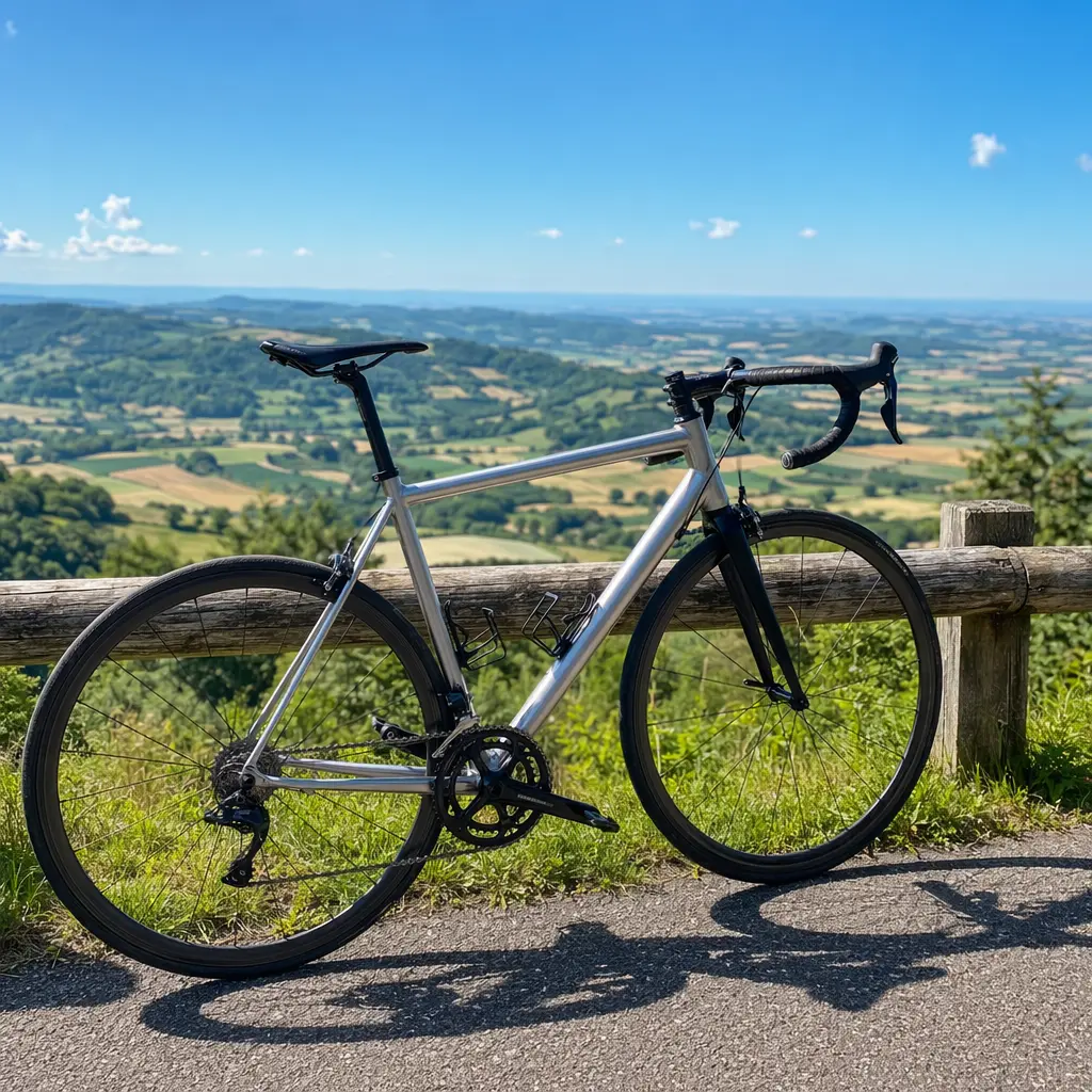 Budget road bike overlooking countryside in bright summer conditions