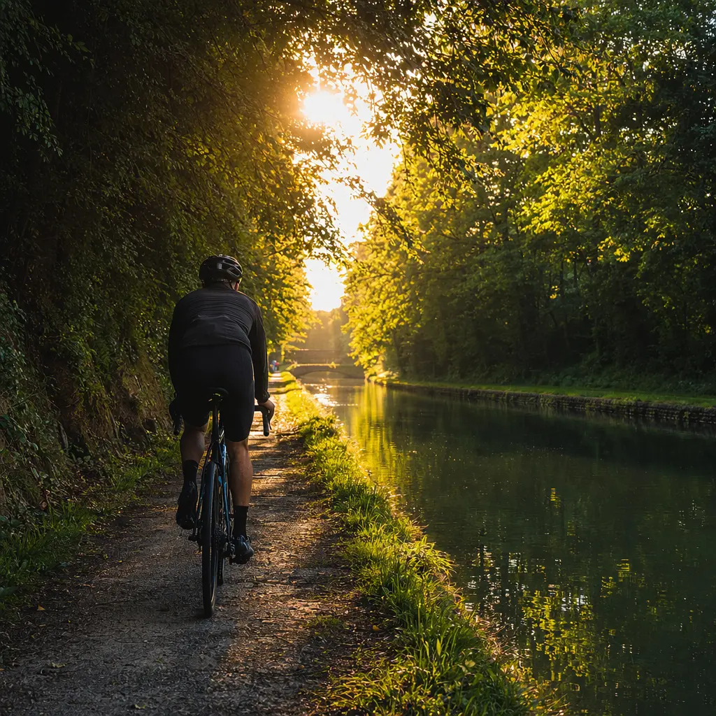 Road bike riding a sunlit canal path, showing clearance for wider tyres