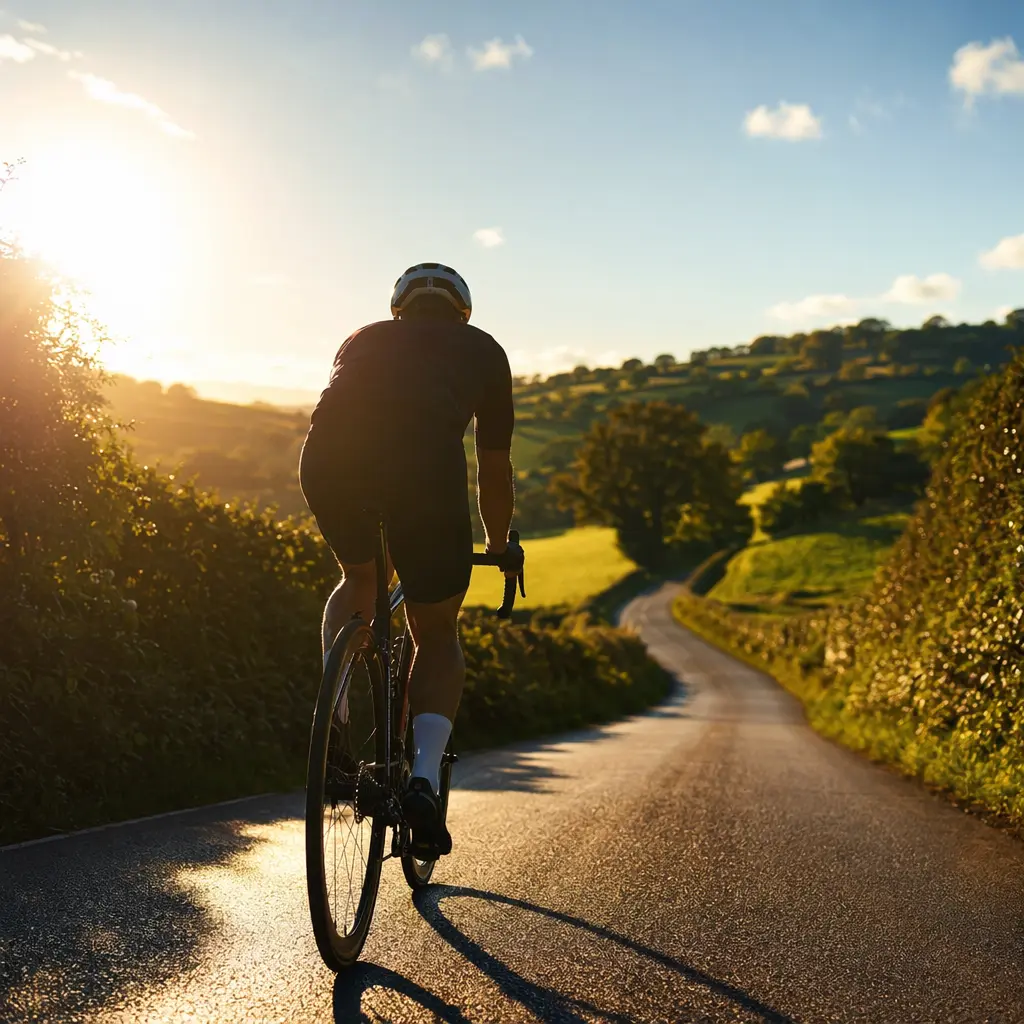Entry-level road bike on a sunny UK country lane during a sportive-style ride
